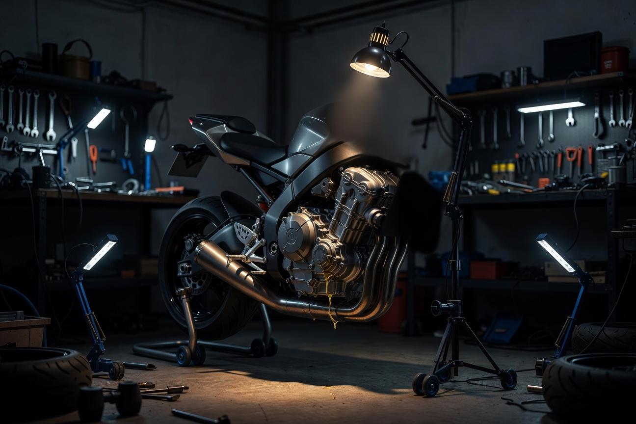 Oświetlenie garażu motocyklisty - gdzie ustawić lampy, żeby widzieć wycieki